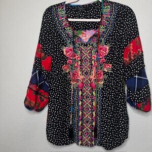 Black Fiesta Floral Embroidered Bohemian Hippie Ruffle Blouse - Medium